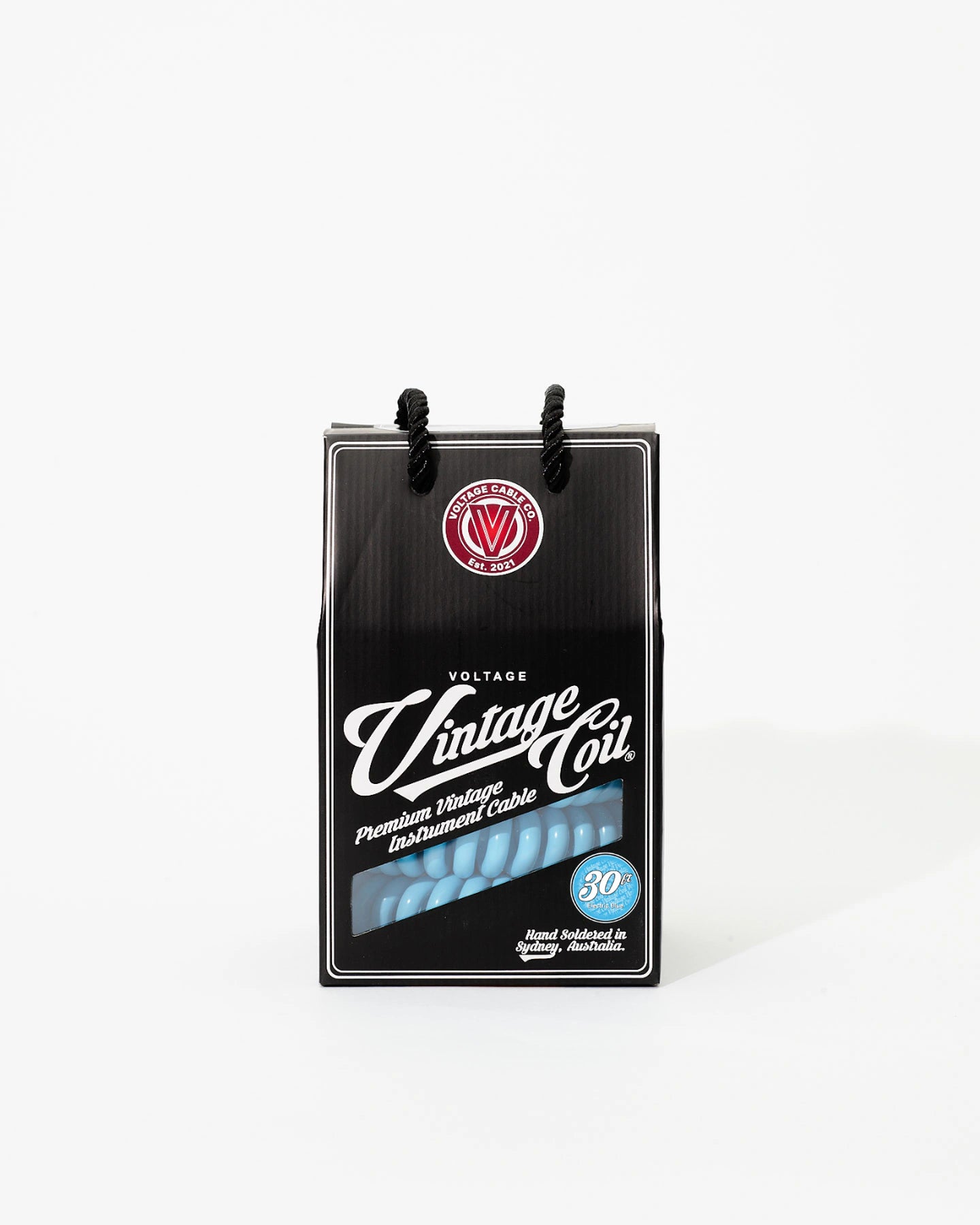 30 ft Electric-Blue coiled guitar cable in retail box
